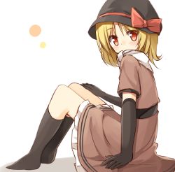 Rule 34 | 1girl, arm support, black gloves, black hat, black socks, blonde hair, blush, brown dress, covered mouth, dress, frilled dress, frills, from side, full body, gloves, hand on leg, hat, head tilt, kneehighs, looking at viewer, looking to the side, no shoes, original, red eyes, scarf, short sleeves, simple background, sitting, socks, solo, tareme, white background, white scarf, yuuhagi (amaretto-no-natsu)