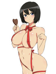 Rule 34 | 1girl, areola slip, black hair, blue eyes, blush, breasts, candy, chocolate, chocolate heart, cleavage, contrapposto, covered erect nipples, food, heart, highres, kagemusha, large breasts, looking at viewer, naked ribbon, original, ribbon, serious, short hair, simple background, skindentation, solo, thighs, valentine, white background