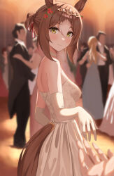 Rule 34 | 1girl, 1other, absurdres, alternate costume, animal ears, asato (fadeless), ballroom, bare shoulders, blurry, blurry background, blush, breasts, brown hair, closed mouth, clothing cutout, clover hair ornament, commentary request, dress, elbow gloves, fine motion (umamusume), gloves, hair between eyes, hair bun, hair ornament, highres, horse ears, horse girl, horse tail, indoors, medium breasts, multicolored hair, people, pov, short hair, smile, solo focus, strapless, strapless dress, streaked hair, tail, tail through clothes, tiara, umamusume, white dress, white gloves, white hair, yellow eyes