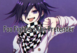 Rule 34 | 1boy, :d, black hair, checkered clothes, checkered scarf, commentary request, danganronpa (series), danganronpa v3: killing harmony, gradient background, hair between eyes, hand up, jacket, kitsunebi v3kokonn, long sleeves, looking at viewer, male focus, open mouth, oma kokichi, purple background, purple eyes, purple hair, scarf, short hair, smile, solo, straitjacket, teeth, thumbs down, tongue, tongue out, upper body, upper teeth only, white jacket