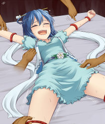Rule 34 | 1girl, ^ ^, bare legs, blue dress, blue hair, blue skirt, closed eyes, dress, female focus, hair ornament, hair rings, hair stick, kaku seiga, laughing, miyo (ranthath), open mouth, outstretched arms, restrained, shawl, short hair, skirt, smile, solo focus, sweat, thighs, tickle torture, tickling, tickling armpits, tickling arms, tickling legs, touhou, vest