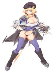 Rule 34 | 1girl, absurdres, asymmetrical bangs, bad id, bad pixiv id, beret, blue thighhighs, boots, breasts, cleavage, full body, greentree, griffon (last origin), hat, highres, large breasts, last origin, looking at viewer, rocket, rocket launcher, short hair, simple background, solo, thighhighs, weapon, white background