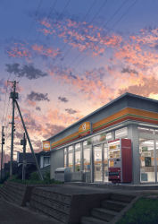 Rule 34 | cloud, convenience store, fo~do, no humans, original, power lines, real world location, road, scenery, shop, sky, stairs, sunset, twilight, utility pole, vending machine