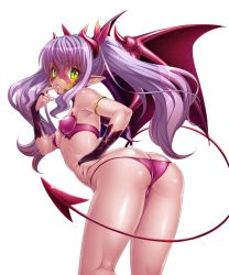 Rule 34 | 00s, 1girl, ass, back, bare legs, bare shoulders, bat wings, bikini, breasts, bridal gauntlets, butt crack, covered erect nipples, demon girl, fangs, female focus, highres, horns, huge ass, kagami hirotaka, legs, lilim (taimanin asagi battle arena), lilith-soft, long hair, looking at viewer, looking back, mask, partially visible vulva, shiny skin, solo, swimsuit, tail, taimanin (series), taimanin asagi, taimanin asagi kessen arena, thong, twintails, underwear, wings