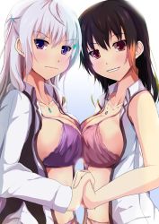 Rule 34 | 2girls, backlighting, bad id, bad pixiv id, black hair, blush, bra, breast press, breasts, brown hair, collarbone, from side, frown, gradient background, hair between eyes, holding hands, interlocked fingers, jewelry, kanzaki kureha, large breasts, long hair, long sleeves, looking at viewer, looking to the side, multicolored hair, multiple girls, necklace, open clothes, open shirt, original, panties, pendant, pink bra, pink panties, purple bra, purple eyes, purple panties, red eyes, shirt, silver hair, simple background, sleeveless, sleeveless shirt, smile, symmetrical docking, two-tone hair, underwear