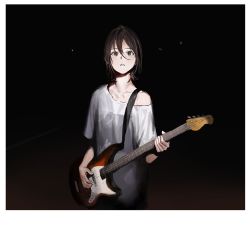 Rule 34 | 1girl, bad id, bad pixiv id, brown eyes, brown hair, commentary request, dark background, guitar, hair between eyes, highres, holding, holding instrument, instrument, looking at viewer, off shoulder, parted lips, rr (suisse200), shirt, short hair, short sleeves, solo, standing, upper body, white shirt