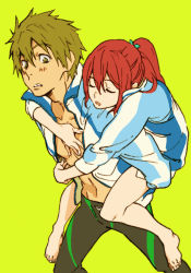 Rule 34 | 10s, 1boy, 1girl, bad id, bad pixiv id, brown hair, carrying, closed eyes, free!, hands on another&#039;s chest, itoko (nicon85), legs, long hair, matsuoka gou, piggyback, red hair, simple background, sleeping, tachibana makoto