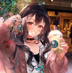 Rule 34 | 1girl, bag, blush, breasts, brown hair, choker, cleavage, coffee cup, collarbone, cup, disposable cup, glasses, handbag, hands up, highres, holding, holding cup, indoors, jacket, long hair, long sleeves, looking at viewer, original, parted lips, pink jacket, puracotte, red eyes, shirt, smile, solo, standing, white shirt