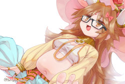 Rule 34 | 1girl, baggy pants, bandeau, blue pants, blush, bow, breasts, brown eyes, brown hair, cropped shirt, elephant hat, fat, fate/grand order, fate (series), ganesha (fate), glasses, hair bow, indian clothes, jewelry, jinako carigiri, long hair, long sleeves, medium breasts, messy hair, navel, neck ring, open clothes, open mouth, open shirt, pants, plump, sash, shirt, smile, solo, torichamaru, yellow shirt