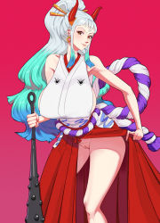 Rule 34 | 1girl, 47 hard, bare shoulders, blue hair, breasts, brown eyes, cleft of venus, closed mouth, clothes lift, club, cowboy shot, gradient hair, green hair, highres, horns, huge breasts, japanese clothes, long hair, magenta background, multicolored hair, one piece, oni horns, pussy, silver hair, simple background, skirt, skirt lift, sleeveless, solo, spiked club, standing, uncensored, weapon, yamato (one piece)