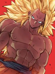 Rule 34 | 1boy, abs, blonde hair, blue eyes, closed mouth, dragon ball, dragonball z, kemachiku, long hair, looking at viewer, male focus, muscular, nipples, no eyebrows, red background, topless male, simple background, solo, son goku, super saiyan, super saiyan 3