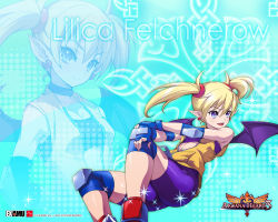 Rule 34 | 1girl, ahoge, akaga hirotaka, arcana heart, arcana heart 3, bike shorts, blonde hair, blue background, blue eyes, character name, copyright name, demon wings, dual persona, earrings, elbow pads, fangs, fingerless gloves, gloves, hair ornament, halftone, halftone background, jewelry, lilica felchenerow, official art, official wallpaper, pointy ears, short twintails, spandex, twintails, wallpaper, wings, zipper