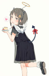 Rule 34 | 1girl, :d, ano ko wa toshi densetsu, black bow, black dress, black footwear, blush, bobby socks, bow, brown background, brown eyes, brown hair, demon tail, dress, fake halo, fake horns, fang, flower, food, gomennasai, hair flower, hair ornament, hairclip, halo, holding, holding spoon, horns, leaning forward, looking at viewer, looking back, mary janes, open mouth, orange flower, pleated dress, pudding, red bow, see-through, shoe soles, shoes, short hair, simple background, smile, socks, solo, spoon, standing, standing on one leg, tail, tail bow, tail ornament, white socks, zangyaku-san