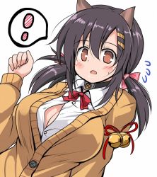 Rule 34 | !, 1girl, animal ears, azur lane, black hair, blush, breasts, bursting breasts, cardigan, cat ears, cleavage, collar, hair ornament, hair ribbon, hairclip, large breasts, low twintails, nagara (azur lane), open clothes, open mouth, open shirt, paw pose, ribbon, shirt, solo, spoken exclamation mark, tsuzuri (tuzuri), twintails, upper body