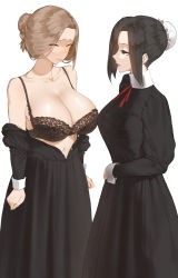 Rule 34 | 2girls, arms at sides, black bra, black dress, black hair, bra, breasts, brown hair, bun cover, cleavage, closed eyes, closed mouth, collarbone, dress, edea (throtem), green eyes, hair bun, half-closed eyes, highres, large breasts, long dress, long sleeves, martha (throtem), multiple girls, navel, neck ribbon, off shoulder, open clothes, open dress, original, red ribbon, ribbon, sidelocks, single hair bun, standing, throtem, unbuttoned, underwear, white background, wrist cuffs