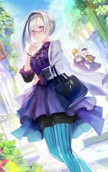 Rule 34 | 3girls, :d, alternate costume, alternate hairstyle, bag, beret, bespectacled, blonde hair, blue legwear, blush, bracelet, braid, brynhildr (fate), brynhildr (traveling outfit) (fate), commentary request, dress, eyepatch, fate/grand order, fate (series), flower, fou (fate), glasses, hair up, hat, heroic spirit traveling outfit, highres, jacket, jewelry, mash kyrielight, mash kyrielight (traveling outfit), mash kyrielight (traveling outfit) (fate), mozuyun, multiple girls, official alternate costume, open mouth, ophelia phamrsolone, pantyhose, paper bag, purple-framed eyewear, purple dress, purple eyes, purple hair, semi-rimless eyewear, silver hair, smile, striped clothes, striped legwear, striped pantyhose, thighhighs, under-rim eyewear, vertical-striped clothes, vertical-striped pantyhose
