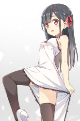 Rule 34 | 1girl, :d, bare arms, bare shoulders, black hair, blush, breasts, brown thighhighs, chinese commentary, commentary request, dress, hair ribbon, hatsunatsu, high heels, long hair, looking at viewer, open mouth, original, red eyes, red ribbon, ribbon, shoe soles, shoes, sleeveless, sleeveless dress, small breasts, smile, solo, standing, standing on one leg, thighhighs, very long hair, white dress, white footwear