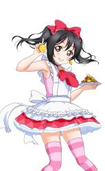 Rule 34 | 1girl, apron, armpits, artist request, bare shoulders, black hair, blush, bow, cookie, dress, earrings, food, grin, hair bow, jewelry, korekara no someday, long hair, looking at viewer, love live!, love live! school idol festival, love live! school idol festival after school activity, love live! school idol project, official art, petticoat, red eyes, sleeveless, sleeveless dress, smile, smiley face, solo, striped clothes, striped thighhighs, thighhighs, transparent background, twintails, yazawa nico, zettai ryouiki