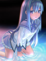 Rule 34 | 1girl, akemi homura, bad id, bad pixiv id, bare legs, capelet, frilled skirt, frills, grey capelet, grey hairband, grey skirt, hair between eyes, hairband, kneeling, leaning forward, long hair, long sleeves, looking at viewer, mahou shoujo madoka magica, mahou shoujo madoka magica (anime), miniskirt, neck ribbon, open mouth, paisen, pleated skirt, purple eyes, purple hair, purple ribbon, ribbon, shirt, skirt, solo, very long hair, water surface, white shirt