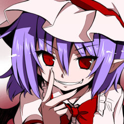 Rule 34 | 1girl, eichi yuu, face, female focus, grin, hat, open mouth, pointy ears, purple hair, red eyes, remilia scarlet, short hair, smile, solo, touhou, wings