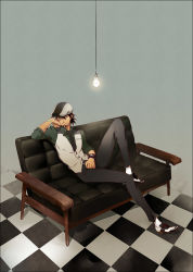 Rule 34 | 10s, 1boy, black upholstery, bracelet, brown eyes, brown hair, cabbie hat, checkered floor, couch, delavie, facial hair, floor, hat, highres, jewelry, kaburagi t. kotetsu, light bulb, male focus, necktie, ring, saddle shoes, shoes, short hair, sitting, solo, stubble, tiger &amp; bunny, vest, waistcoat, watch, wedding band, wedding ring, wristwatch
