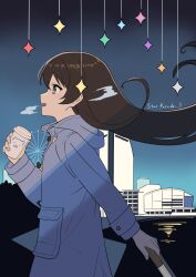 Rule 34 | 1girl, absurdres, black hair, blue coat, blue eyes, blue sky, breath, building, coat, commentary request, cup, disposable cup, duffel coat, ferris wheel, floating hair, from behind, from side, hair between eyes, hand up, highres, holding, holding cup, hood, hood down, hooded coat, kagura hikari, kooan, long hair, long sleeves, looking away, outdoors, pacifico yokohama, parted lips, pocket, profile, rolling suitcase, shoujo kageki revue starlight, sky, smile, solo, song name, sparkle, standing, suitcase, upper body, water