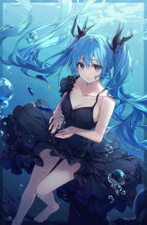 Rule 34 | 1girl, absurdres, bare legs, bare shoulders, barefoot, black dress, black ribbon, blue eyes, blue hair, blue theme, breasts, bubble, cleavage, collarbone, commentary, dangmyo, dress, fish, floating hair, frilled dress, frills, hair between eyes, hair ribbon, hatsune miku, highres, long hair, looking at viewer, medium breasts, parted lips, ribbon, shinkai shoujo (vocaloid), sleeveless, sleeveless dress, solo, submerged, toes, twintails, underwater, very long hair, vocaloid