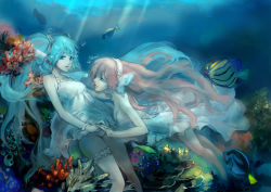 Rule 34 | 2girls, age difference, amo11315, blue eyes, blue hair, breasts, bubble, butterfly hair ornament, cleavage, coral, dress, fish, full body, hair ornament, hatsune miku, highres, holding hands, interlocked fingers, long hair, magnet (vocaloid), megurine luka, multiple girls, panties, pink hair, single thighhigh, thighhighs, twintails, underwater, underwear, vocaloid, wet, wet clothes, white panties, yuri