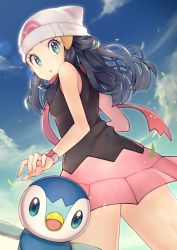 Rule 34 | 1girl, beanie, black hair, blue eyes, cloud, commentary request, creatures (company), dawn (pokemon), day, eyelashes, falling leaves, floating scarf, from below, game freak, gen 4 pokemon, hair ornament, hairclip, hat, leaf, long hair, looking at viewer, looking back, nintendo, outdoors, pink scarf, piplup, pokemon, pokemon (anime), pokemon (creature), pokemon dppt (anime), rindoriko, scarf, sky, sleeveless, white headwear