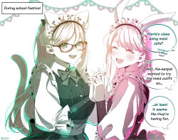 Rule 34 | 2girls, absurdres, aia amare, animal ears, blush, breasts, brown-framed eyewear, bunting, cat ears, cat tail, character name, closed eyes, commentary, edogawa kigoro, english commentary, english text, fake animal ears, fake tail, glasses, hair down, hexagram, highres, long hair, long sleeves, maid, maid headdress, maria marionette, medium breasts, multiple girls, nijisanji, nijisanji en, rabbit ears, rabbit tail, rectangular eyewear, speech bubble, swept bangs, tail, upper body, virtual youtuber, white background
