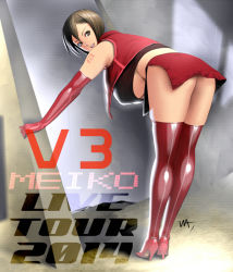 Rule 34 | 1girl, bad id, bad pixiv id, bent over, boots, breasts, brown eyes, brown hair, character name, elbow gloves, from behind, gloves, high heels, huge breasts, latex, looking back, meiko (vocaloid), meiko (vocaloid3), miniskirt, no panties, open mouth, short hair, signature, skirt, solo, thigh boots, thighhighs, underboob, vocaloid, wakino keibun