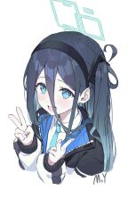 Rule 34 | 1girl, aqua halo, aris (blue archive), black hair, black hairband, blue archive, blue eyes, blue halo, blue necktie, double v, hair between eyes, hairband, halo, highres, long hair, looking at viewer, myung yi, necktie, rectangular halo, side ponytail, simple background, solo, upper body, v, white background