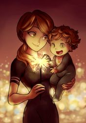 Rule 34 | 1boy, 1girl, absurdres, adrien agreste, baby, bib, black dress, brown hair, carrying, ceejles, child carry, dress, earrings, fireworks, green eyes, highres, jewelry, miraculous ladybug, mother and son, mrs. agreste, open mouth, ponytail, signature, smile, sparkler, stud earrings, aged down