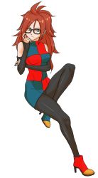 Rule 34 | 1girl, android 21, arm warmers, black-framed eyewear, blue eyes, brown hair, detached sleeves, dragon ball, dragon ball fighterz, dress, earrings, female focus, glasses, highres, jewelry, long hair, multicolored boots, multicolored clothes, multicolored dress, nail polish, pantyhose, sitting, solo, white background