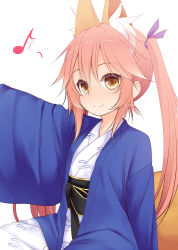 Rule 34 | 1girl, aged down, animal ear fluff, animal ears, brown eyes, commentary request, eighth note, fate/extra, fate (series), fox boy, fox ears, fox tail, hair between eyes, haryuu (poetto), highres, japanese clothes, kimono, long hair, long sleeves, looking at viewer, musical note, obi, open clothes, outstretched arm, pink hair, sash, simple background, sitting, solo, tail, tamamo (fate), tamamo no mae (fate/extra), twintails, very long hair, white background, white kimono, wide sleeves