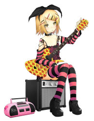 Rule 34 | 1girl, alternate costume, amplifier, bare shoulders, blonde hair, boombox, bow, camisole, candy, character name, collar, detached sleeves, english text, expressionless, food, full body, guitar, hair bow, hair ornament, hairclip, heart, highres, instrument, kagamine rin, kintarou (kintarou&#039;s room), lollipop, mouth hold, plaid, plaid skirt, shoes, simple background, sitting, skirt, solo, stereo, strap slip, striped clothes, striped sleeves, striped thighhighs, swept bangs, tattoo, thighhighs, tsurime, vocaloid, yellow eyes