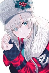 Rule 34 | 1girl, anastasia (fate), anastasia (shvibzik snow) (fate), blue eyes, closed mouth, commentary request, fate/grand order, fate (series), fingernails, fur collar, fur hat, hair over one eye, hands up, hat, head tilt, jacket, long hair, long sleeves, looking at viewer, myusha, open clothes, open jacket, red jacket, silver hair, sleeves past wrists, smile, solo, ushanka, white background, white hat