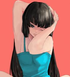 Rule 34 | 1girl, arms up, black hair, blue camisole, blunt bangs, breasts, brown eyes, camisole, closed mouth, commentary, highres, koji (ku 123k), long hair, protagonist 2 (housamo), one eye closed, pink background, sitting, small breasts, solo, tokyo houkago summoners, upper body