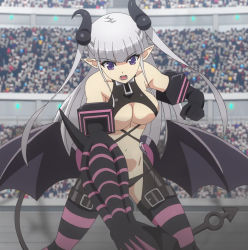 Rule 34 | 10s, 1girl, boots, breasts, demon girl, demon horns, demon wings, elbow gloves, gloves, highres, horns, long hair, naruse maria, purple eyes, screencap, shinmai maou no testament, silver hair, demon girl, thigh boots, thighhighs, underboob, wings