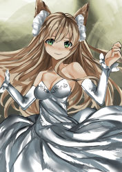 Rule 34 | 1girl, animal ears, blush, breasts, brown hair, cleavage, closed mouth, detached sleeves, dress, green eyes, long hair, long sleeves, looking at viewer, luicent, medium breasts, original, smile, solo, white dress