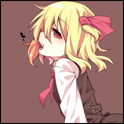 Rule 34 | 1girl, :d, black border, blonde hair, blush, border, brown background, brown vest, commentary request, eyelashes, fang, from side, gradient hair, hair between eyes, hair ribbon, heart, leaning forward, long sleeves, looking at viewer, looking to the side, medium hair, multicolored hair, necktie, open mouth, pink hair, profile, red eyes, red necktie, red ribbon, ribbon, rumia, shamo (koumakantv), simple background, smile, solo, teeth, touhou, upper body, vest