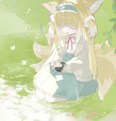 Rule 34 | 1girl, animal ears, arknights, black cat, blonde hair, blue hairband, blue skirt, bug, butterfly, cardigan, cat, closed eyes, creature, flower, fox ears, fox girl, fox tail, frilled hairband, frills, full body, grasslands, grey cardigan, hair ornament, hair scrunchie, hairband, heixiu, highres, holding, holding creature, insect, kitsune, knees, kyuubi, long sleeves, luo xiaohei zhanji, multicolored hair, multiple tails, musical note, nature, neck ribbon, nemuri oekaki, official alternate costume, open cardigan, open clothes, open mouth, outdoors, petting, puffy long sleeves, puffy sleeves, red ribbon, ribbon, scrunchie, seiza, shirt, sitting, skirt, sleeve cuffs, solo, stitches, suzuran (arknights), suzuran (spring praise) (arknights), tail, two-tone hair, white hair, white shirt