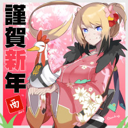 Rule 34 | 1girl, 2017, ahoge, animal, animal on hand, aosora kamiya, artist name, bird, blonde hair, blue eyes, breasts, cherry blossoms, chinese zodiac, closed mouth, duck, facepaint, floral background, floral print, happy new year, highres, holding, holding animal, japanese clothes, jitome, kimono, large breasts, looking at viewer, new year, original, pink kimono, signature, smile, solo, upper body, year of the rooster