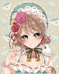 Rule 34 | 10s, 1girl, animal, animal on shoulder, bad id, bad pixiv id, bird, bird on shoulder, blue eyes, blush, bonnet, bow, brown hair, cherry, chin strap, collarbone, cup, detached sleeves, flower, food, frills, fruit, grey background, grey hair, grin, hair flower, hair ornament, heart, highres, lace, lace trim, lolita fashion, looking at viewer, love live!, love live! school idol festival, love live! sunshine!!, outline, pink flower, pink rose, purin (purin0), red flower, red ribbon, red rose, ribbon, ribbon trim, rose, short hair, smile, solo, sparkle, striped, striped bow, swept bangs, teacup, teapot, upper body, watanabe you, white outline, wrist cuffs