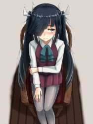 Rule 34 | 10s, 1girl, alternate hairstyle, black hair, blush, hair over one eye, hair ribbon, hayashimo (kancolle), highres, kantai collection, long hair, pantyhose, ribbon, school uniform, simple background, solo, twintails, very long hair, yakob labo
