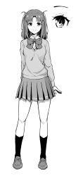 Rule 34 | 1girl, azami masurao, bow, cardigan, collared shirt, commentary request, greyscale, highres, loafers, long hair, long sleeves, looking at viewer, monochrome, parted bangs, pleated skirt, school uniform, shirt, shoes, simple background, skirt, smile, solo, thighhighs, tsukihime, tsukihime (remake), twintails, two side up, white background, yumizuka satsuki