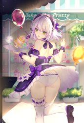 Rule 34 | 1girl, annoyed, apron, artist request, ass, back, balloon, bow, commentary request, cup, food, green eyes, highres, holding, holding tray, light purple hair, looking at viewer, open mouth, original, panties, pantyshot, short hair, solo, thighhighs, tray, underwear, waist apron, waitress, white panties, white thighhighs, wind, wind lift