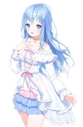 Rule 34 | 1girl, a20 (atsumaru), bare shoulders, blue eyes, blue hair, blue skirt, clothing request, collarbone, commentary request, copyright request, dress, frills, highres, indie virtual youtuber, long hair, long sleeves, open mouth, pink ribbon, pink skirt, ribbon, simple background, skirt, smile, solo, virtual youtuber, white background, white dress