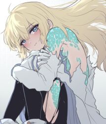 Rule 34 | battle damage, blonde hair, blue eyes, colette brunel, crossed arms, crying, crying with eyes open, hand on own arm, highres, hugging own legs, light blush, light smile, pantyhose, sitting, spoilers, tales of (series), tales of symphonia, tears, togetogebaaall, torn clothes, torn pantyhose, white background