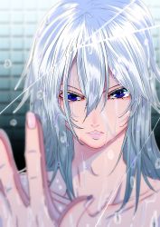 Rule 34 | 1girl, bad id, bad twitter id, bare shoulders, blue eyes, collarbone, commentary request, crack, eyebrows hidden by hair, fingernails, hair between eyes, hand on mirror, highres, izayoi sakuya, lips, long hair, looking at viewer, mirror, naonakamura, parted lips, reflection, silver hair, solo, teeth, touhou, upper body, water drop, wet
